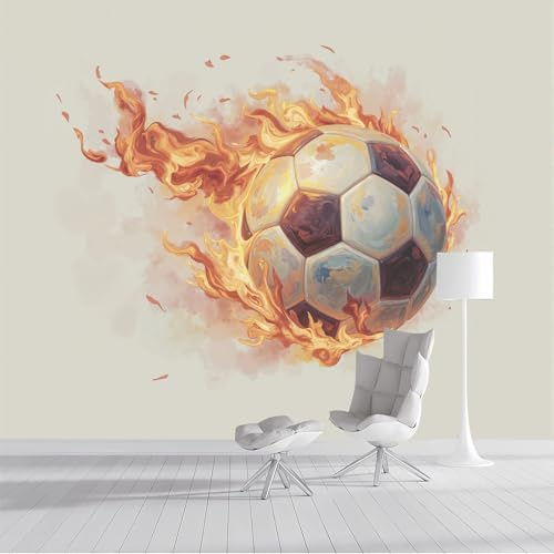 ZISTRCBAO Fotomurales Fútbol De Llamas 300x210cm, Papel Tapiz Fotográfico Seda Tema Deportivo, Naranja Decoración De Pared Dormitorio Infantil