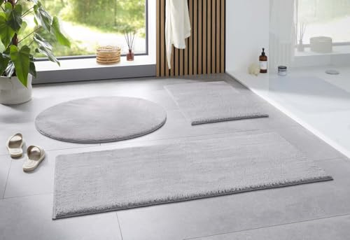 Taracarpet Badematte Uni Boho rutschfest, waschbar, Badezimmer-Teppich, Bad-Vorleger, WC Deko, Duschvorleger für Dusche und Badewannen weich und als Set kombinierbar New Grau 080 cm rund