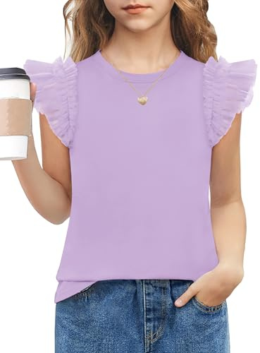 Arshiner Camiseta De Verano para Niñas Mangas de Encaje Verano Camisa Infantil de Cuello Redondo Y Manga Corta Top con Mangas Volantes 5-14 Años