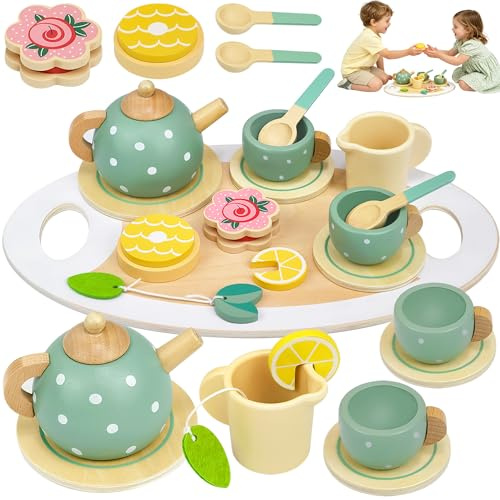 15PCS Juego de Té para Niños Pequeños, Juegos de Simulación de Cocina Niñas | Juego de té Juguete con Postre, Juego de Té de Juego de Roles, Juguetes de Madera, Favores de Fiesta, Regalo para Niñas 3 4 5
