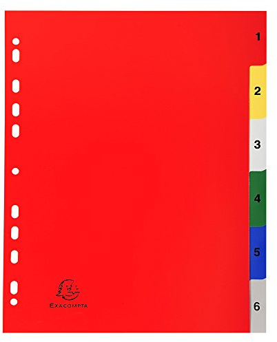 Exacompta - Ref 2506E - PP Printed Indices - For Use With A4+ Documents, 0.1mm Polypropylene, Pre-Punched, Soft & Tear Resistant - 6 Divider Parts (1-6) - White With Coloured Tabs