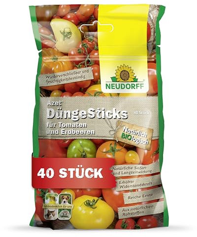 Neudorff Azet DüngeSticks für Tomaten und Erdbeeren – Bio Düngestäbchen für viele leckere Tomaten und Erdbeeren mit 2 Monaten Langzeitwirkung, 40 Stück