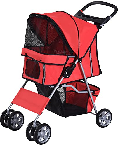 PawHut Cochecito Plegable Mascotas Carrito para Perros Gatos con Cuatro Ruedas Cesta de Almacenaje Ventanas y Portavasos Tela Oxford Marco de Acero 75x45x97 cm Rojo