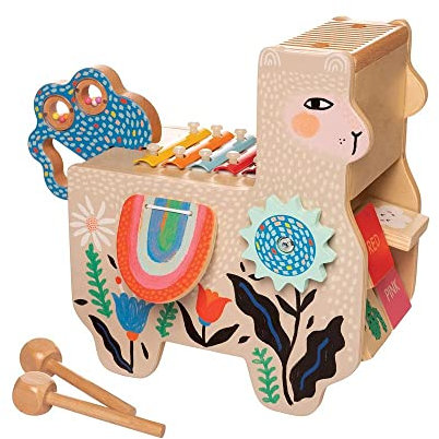 Manhattan Toy Musical Llama Holzinstrument für Kleinkinder mit Maraca, klappernden Satteltaschen, Drumsticks, Waschbrett und Xylophon