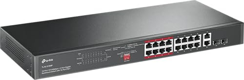 TP-Link TL-SL1218MP 16-Port Fast Ethernet Rackmount PoE+ Switch mit 2 Gigabit Ports (250 Watt, geschirmte RJ-45 Ports,IEEE-802.3af/at, Plug-and-Play Installation, lüfterlos) Schwarz, v2.0