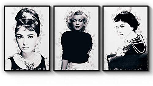 Din A4 Kunstdruck ungerahmt 3er Set - Ikonen Marilyn Monroe Audrey Hepburn Coco Portrait Foto Fotokunst Hollywood Star Druck Poster Bild