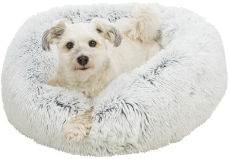 Trixie Hundebett Harvey rund, mit Langhaar-Plüsch – ø 50 cm, weiß/schwarz | Kuschelig weiches Liegekissen, waschbar – für mittelgroße Hunde, rutschfester Boden für sicheren Stand