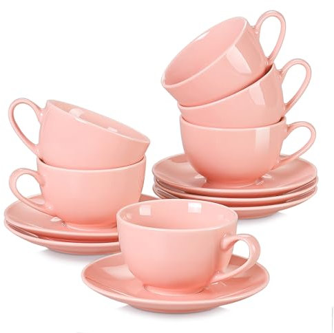 Kaffeeservice porzellan, LOVECASA SWEET 12-teilige Kaffeetassen mit Untertassen, Cappuccino Tassen für 6 Personen, 230 ml, pink Farbe, 6941718507044