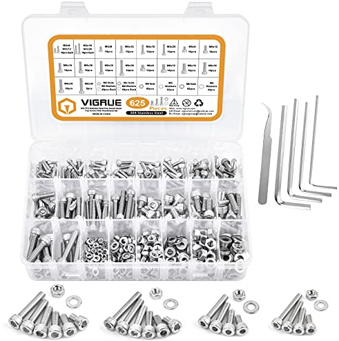 VIGRUE 625 Stück Schrauben Set M3 M4 M5 M6, Innensechskant Edelstahlschrauben Muttern und Unterlegscheiben Sortiment Kit Sechskantschrauben 304 Edelstahl in Sortimentskasten