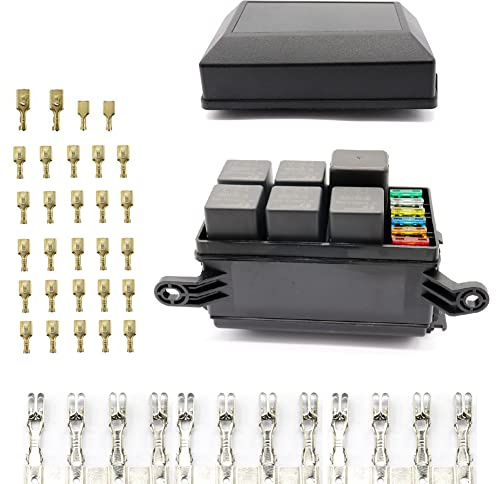Tiardey Caja de relés de fusibles de 2 ranuras [6 relés][6 fusibles de hoja] con relés de 12 V 40 A,fusibles y pines metálicos para uso automotriz y marino