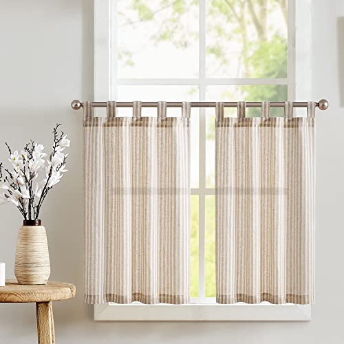 TOPICK Taupe Striped Kitchen Curtains 36 Inch Drop, Tab Top Small Cafe Curtains, Light Filtering Privacy Short Half Window Curtain Tiers for Bathroom, Cupboard Base, Sink, RV, W26 x L36 Inch 2 Panels