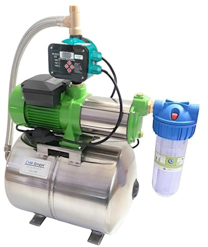 CHM GmbH® Hauswasserwerk 24L Edelstahl, 6,5 Bar, 10.000 L/h + el. einstellbare Pumpensteuerung (LCD Display) mit Trockenlaufschutz