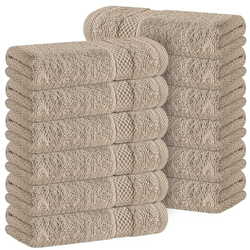 White Classic Luxury Cotton Washcloths 13x13 Inch - 650 GSM Turkish Cotton | Hotel, Spa, Bathroom Face Towel | 12 Pack, Taupe