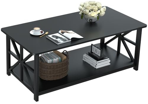 GreenForest Couchtisch mit Stauraum, 100 cm Wohnzimmertisch, Stabiler Sofatisch aus Holz und Metall, Kaffeetisch mit Regal, Industriestil, Rustikales Design, Schwarz