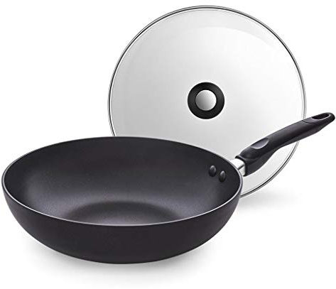 OQHAIR Wok Antiaderente con Coperchio, Wok e padelle per friggere Wok Grande per friggere con Coperchio, Padella Wok a Fondo Piatto