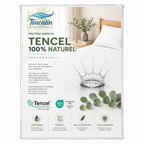 Protege Matelas 140x190/200 100% Imperméable Qualité Supérieure Oeko-TEX® Fibre Luxe Ecologique Tencel Alese Forme Drap-Housse Grand Bonnet 30 cm Discret Respirant Isolateur de lit antiacarien