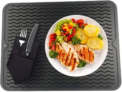 Silikon Abtropfmatte Spüle 40 x 30 cm,YQBFTC Geschirr Trockenmatte Hitzebeständiges Rutschfestes Küche Spülbeckenmatte für die Ablage von Besteck(Schwarz)