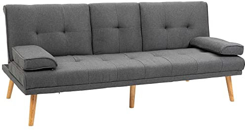 HOMCOM Schlafsofa, 3-Sitzer Sofa, Schlafcouch mit Klappbarem Tisch, Becherhalter, Bettsofa mit Leinenoptik, Couch Gästebet für Wohnzimmer, Dunkelgrau