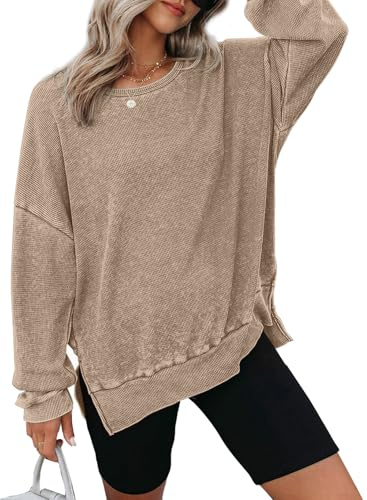 Dokotoo Sweatshirt for Women Chocolate Brown Fall Clothes Outfits 2025 Oversized Waffle Knit Crewneck Sweatshirt Long Sleeve Shirts Casual Athletic Pullover Tunic Tops to Wear with Leggings XX-Large