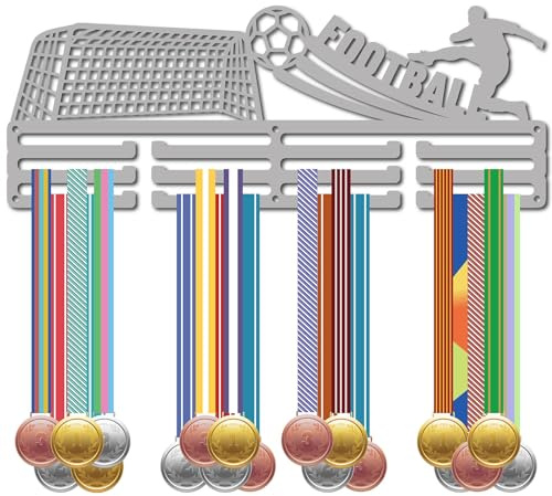 CREATCABIN Fußball-Medaillenaufhänger,Display,Fußball-Medaillenhalter,Rack,Sport,Metall Aufhängen,Sportler-Auszeichnungen,Eisen,Wandhalterung,Für Wettkämpfe,Band,Umhängeband,Medaillen,Silber,40x15cm