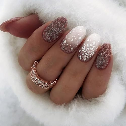 SINLOV Faux ongles longs à paillettes en forme d'amande de Noël avec flocon de neige - Bordeaux brillant - En acrylique - Couverture complète - Pour femmes et filles…
