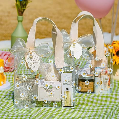 2 Stück Klare Geschenktüten mit Große Kapazität, PVC Plastik Partytüten mit Griff, PVC Geschenktaschen mit Gänseblümchen-Muster, Plastik Partytüten für Geburtstag, Weihnachten, Hochzeit(Weiß)