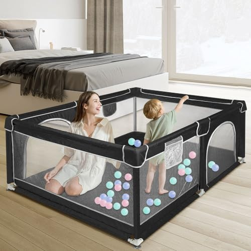 Laufgitter, Oxford-Stoff mit Aufbewahrungstasche für Babys, Laufstall für Kinder, stabil und atmungsaktiv, für drinnen und draußen, 120 x 160 x 66 cm (schwarz)