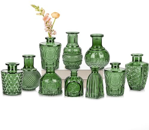 10er-Set Kleine Vasen Kleine Glasvase Vintage Deko Vasen Set Blumendekoration für Tischdeko Mittelstücke, Hochzeitsdekorationen, Blumen Deko Wohnzimmer Bad Muttertagsgeschenk, Grün