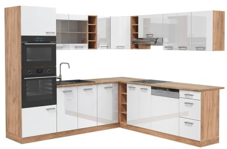 Vicco Eckküche R-Line, Weiß Hochglanz/Goldkraft Eiche, 247 x 60 cm, AP Eiche, zum individuellen Aufbau und zur Erweiterung mit Zusatzmodulen