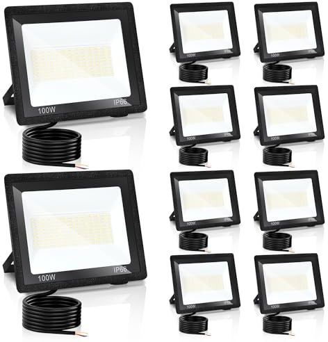 Izrielar LED Strahler Flutlicht 10x, 100W Superhell Fluter, 3 Einstellbare Farbtemperatur Scheinwerfer, IP66 Wasserdicht Außenbeleuchtung für Garten Sportplatz Garage Hinterhof