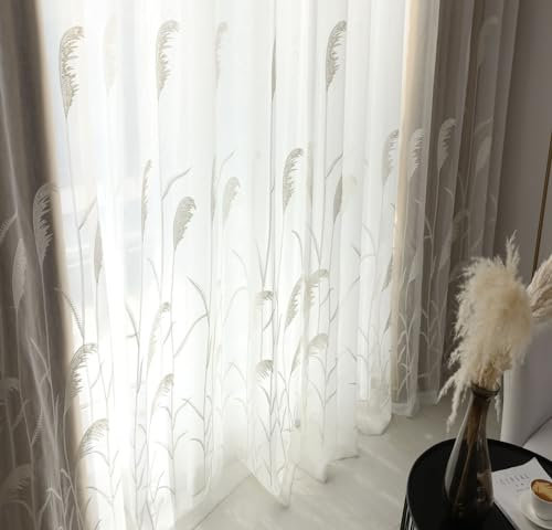 Homxi Voile Vorhang Gardine 2er Set,2 x 96W x 138H cm,Vorhänge Schlafzimmer Transparent Weiß Blätter Muster Ösenvorhang Gardine