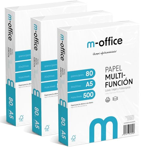 Pack de feuilles A5 80 g, 3 pack de 500 feuilles, papier multifonction pour imprimante jet d'encre et laser, feuilles A5 148 x 210 mm, idéales pour le bureau et la maison · m-office (1500 feuilles)