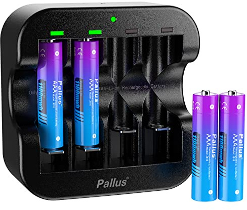 Pallus AAA Rechargeable Lithium Battery, 1100mWh High Capacity Triple A Rechargeable Li-Ion Batteries, 4 Pack 1.5V AAA Lithium Battery With Black 4-Slot Charger