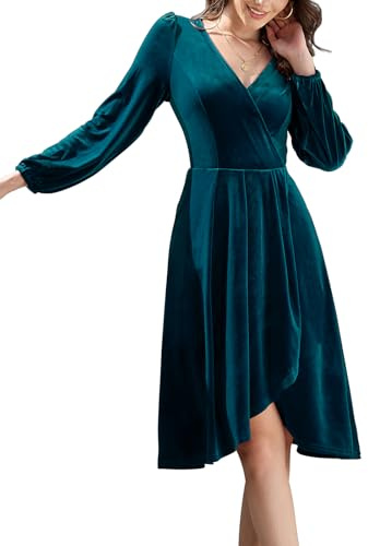 Meetjen Damenkleid mit V-Ausschnitt, Samt, formell, langärmelig, fließend, Herbst, hoch, niedrig, elegant, 2024, Midi-Winterkleid, Cocktail-Partykleid, blau - peacock blue, L