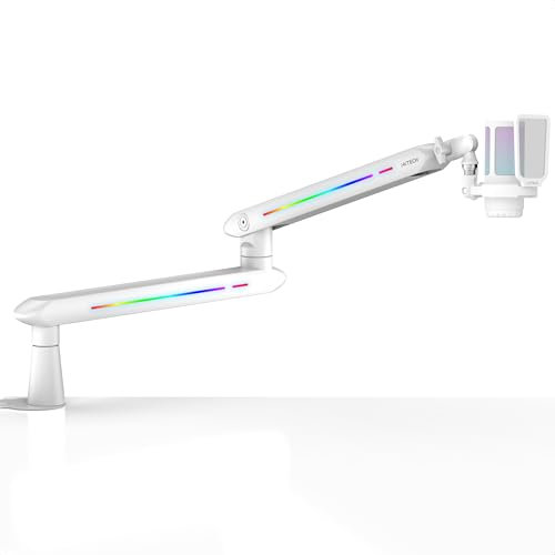 IXTECH Bras de microphone RVB à profil bas pour micro, support de microphone réglable avec pince de fixation de bureau, bras rotatif avec gestion des câbles pour podcast, streaming, studio de jeu