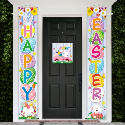 tineit Happy Easter Door Decorations, Easter Decor with Bunny Egg Door Sign & Banners, White, 12x12 & 71x12 Inch, Indoor/Outdoor