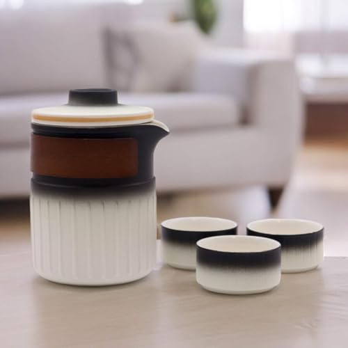 Elegant Travel Ceramic Teapot Set - Three Friends | Portable Tea Set with 3 Tea Cups & Infuser | 350ml Capacity Teapot with Wooden Grip Band | Perfect for Loose Leaf Tea Lovers on The Go