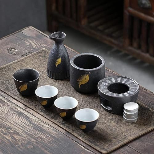 TLTDSMYF Set da sakè e Tazze con scaldavivande Set di Tazze da sakè Giapponesi da 7 Pezzi con scaldavivande, per Natale, Compleanni e anniversari, Foglie Dorate