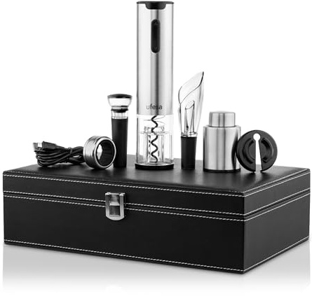 Ufesa Set Sacacorchos Eléctrico EasyClassy con Maletín, Abridor Botellas Vino con Luz LED, Tapón de Servicio Antigoteo, Tapón Sellador y Extractor de Aire, Bateria Ni-MH, Inalámbrico, Cable USB C Incl
