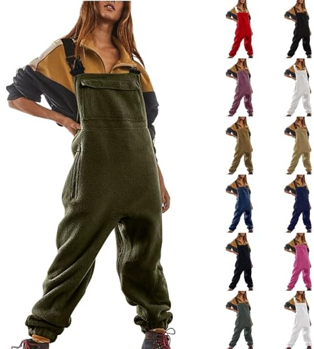 Salopette da donna in pile vestibilità ampia cinghie regolabili tuta tinta unita con tasche tuta lunga termica pantaloni tuta invernale comoda salopette da donna salopette da donna salopette oversize