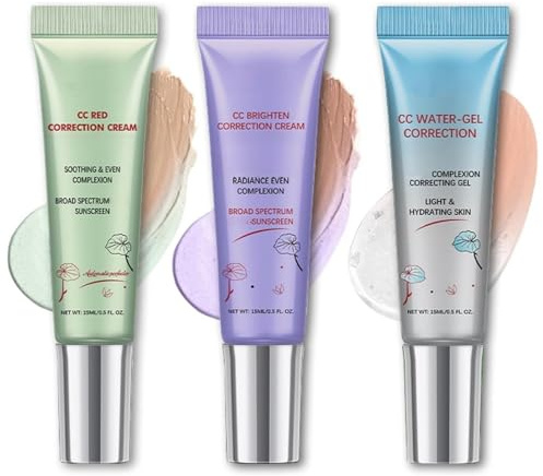 3PCS Color Cc Cream Foundation,Cc Cream Tinted Moisturiser,Redness Corrector,Even Skin Tone,Colour Correcting,Colour Changing Foundation,Boosting & Soothing Effects,Face Primer Makeup With Spf 25