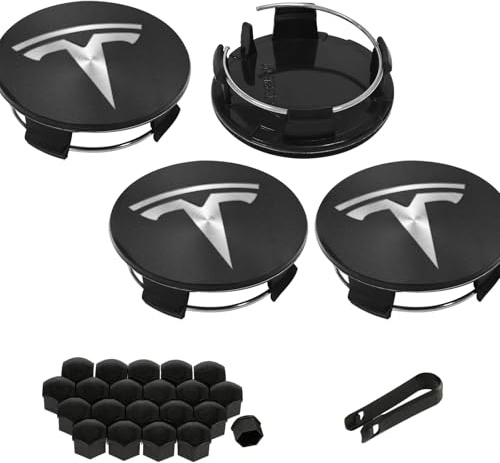 Knomix 4 Pack Exterior Decoration Wheel Center Cover for Tesla Model 3 Model Y,56mm Hubcaps Wheel Rim Cover Tesla Center Caps Hubcaps+20 Black Lug Nut Covers (Matte Black+Silver Emblem)