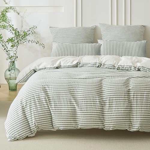 SOULFUL Housse de Couette 240x260 Coton - Jacquard Rayures - Vert Sauge