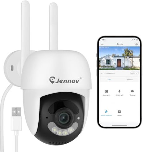 Jennov 2K Telecamera WiFi Esterno, 360° PTZ Videocamera Sorveglianza con Audio Bidirezionale, Tracciamento Automatico, Visione Notturna Colori, Registrazione 24/7, Rilevamento del Movimen