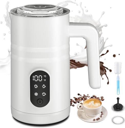 Montalatte Elettrico 5-in-1 | Cappuccinatore Scaldalatte Elettrico 350ml | Macchina per Cappuccino Automatica per Caldo Freddo, Cioccolata & Macchiato, Monta Latte con Display Temperatura (bianco)