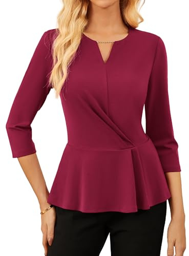 GRACE KARIN elegant blus för kvinnor, 3/4-ärm, v-ringad, veckad fåll, skjorta, affärskontor, toppar, mörkröd, XXL