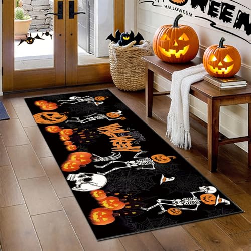 Fondream Halloween Runner Rug for Hallways, 60x180cm Pumpkin Skeleton Carpet Runners, Non Slip Washable Hallway Runner Soft Low Pile long Rug for Bedroom Kitchen Walkway Entrance Decor
