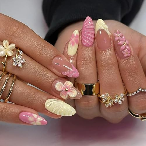 LunarCharm 24 pièces French Press on Nails, design fleur 3D, faux ongles en amande, press-on nails, longueur moyenne, brillant, couverture totale