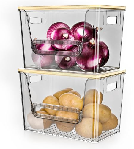 Delamu Kartoffel Aufbewahrungsbox, 2-Stück Stapelbar Zwiebel Aufbewahrung für Küche, Schrank, Lebensmittelaufbewahrung und Gemüse Organizer, Küche Aufbewahrung & Organisation, Transparent Grau