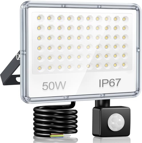 YIQIBRO Projecteur LED Exterieur Detecteur de Mouvement 50W - Spot LED Extérieur Detecteur de Mouvement 5000LM 6500K, IP67 Etanche Eclairage pour Jardin, Patio, Garage